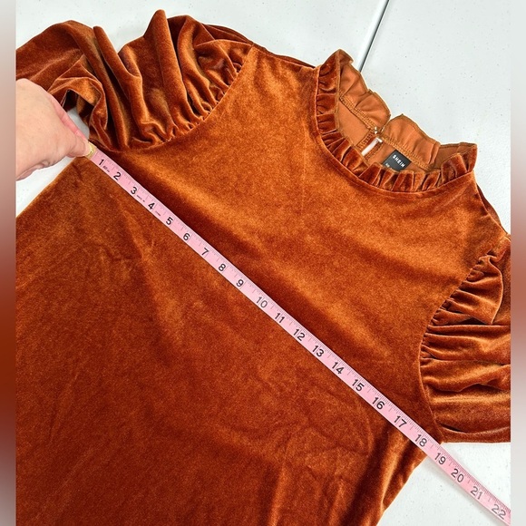 Shein Clasi Frill Trim Puff Sleeve Velvet Blouse Rust Brown Burnt Orange - Picture 7 of 10